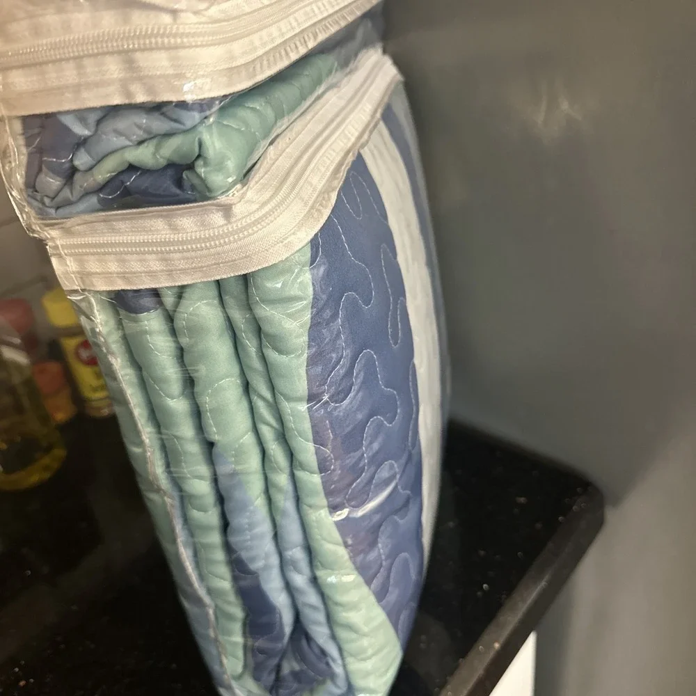 Sea Waves Blue White Quilt Set Twin Ocean Reversible Coastal Comforter Shams